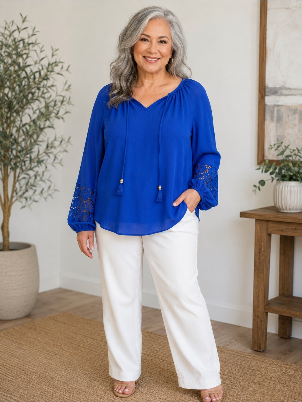 Espresso Royal Blue Tassel V-Neck Peasant Tunic
